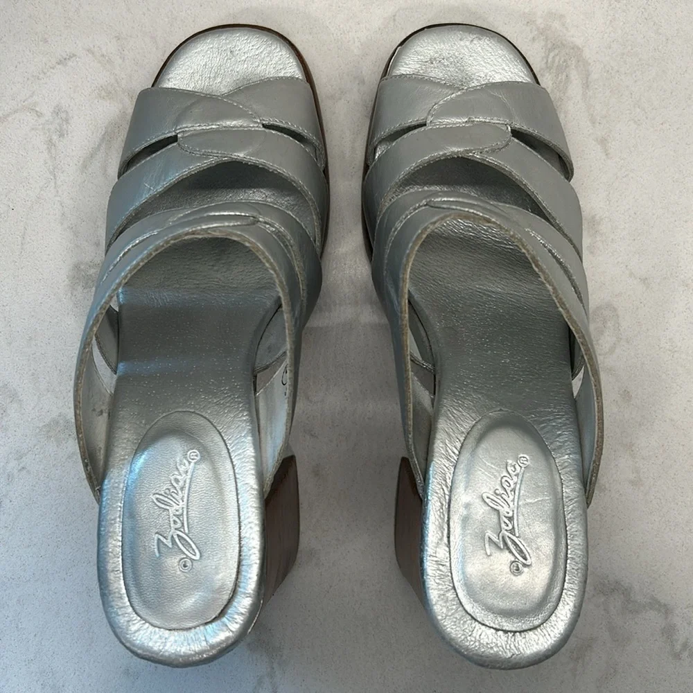 Zodiac Hype Leather Wood Platform Silver Metallic Retro Stacked Heels Size 9